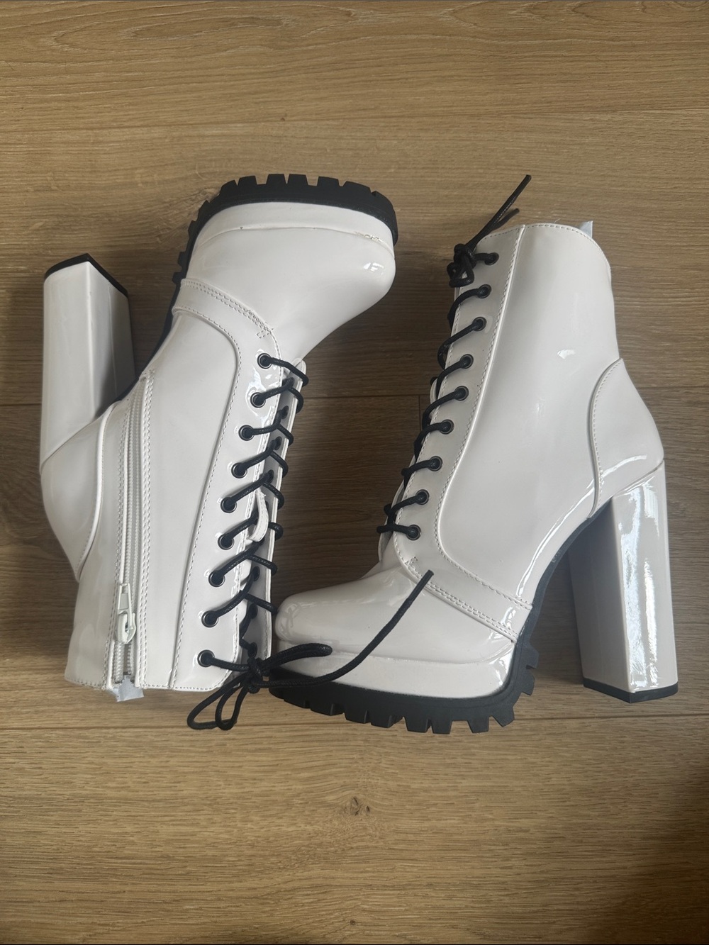 White Lace-Up Patent Platform Ankle Boots - Women